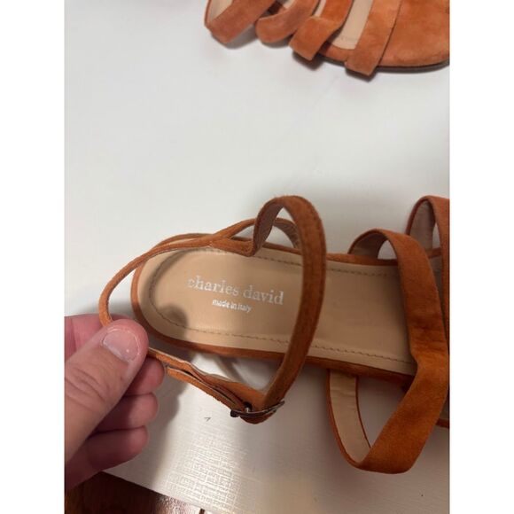 CHARLES DAVID Sandals women's Size 40 / 9 Orange Tan Strappy Ankle Strap Suede - Picture 3 of 4